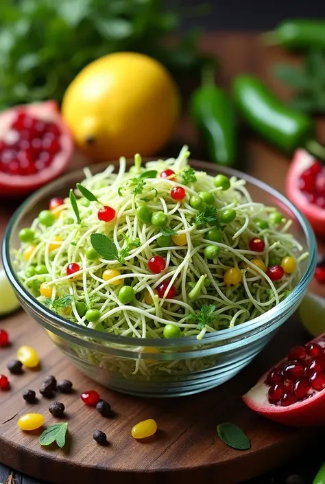 Sprouted green gram salad in a glass bowl over a wooden table ,some lemmon and green chilly  ,and some black pepper and pomogranates beside ..green gram can be more realistic..show original sprouted green gram
