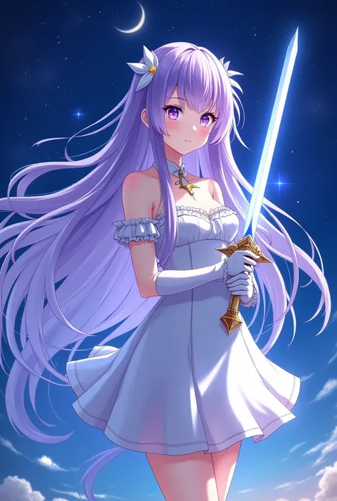 Purple and white long hair anime girl，White Gloves，short skirt dress，Night sky，holy sword