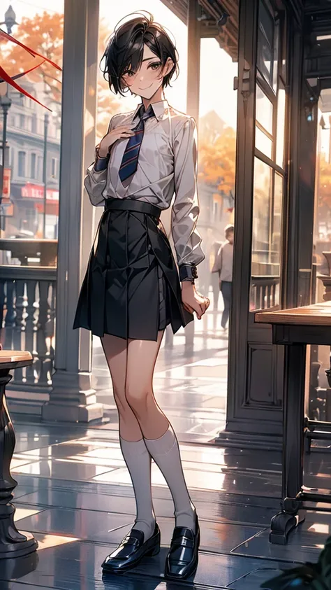 Best Quality, 1boy,Androgynous male,(Flat Chest:1.3),Black Hair,Short Bob Cut,Ruffled blouse,Lace long sleeves,Ribbon tie,Culottes skirt,mini skirt,Ribbon on waist,socks,loafers,Smiling Kindly,wind,smile,Portraits, Quiet cafe terrace,autumn,Detailed cloth ...