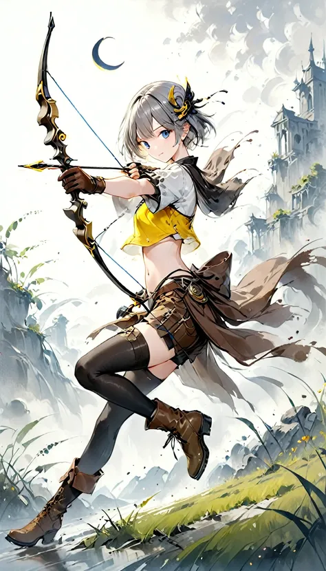 ((best quality)), ((famous paintings)), (detailed),full body shot of a girl aiming a bow,and bow,2,silver short bob,partial bang...