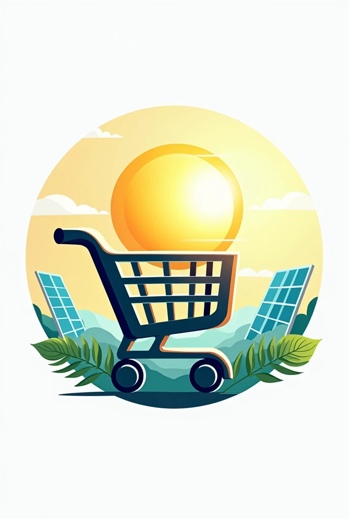 Create a logo for a startup, a shopping cart with the sun in the background or inside the cart, solar panels inside and a futuristic and sustainable background