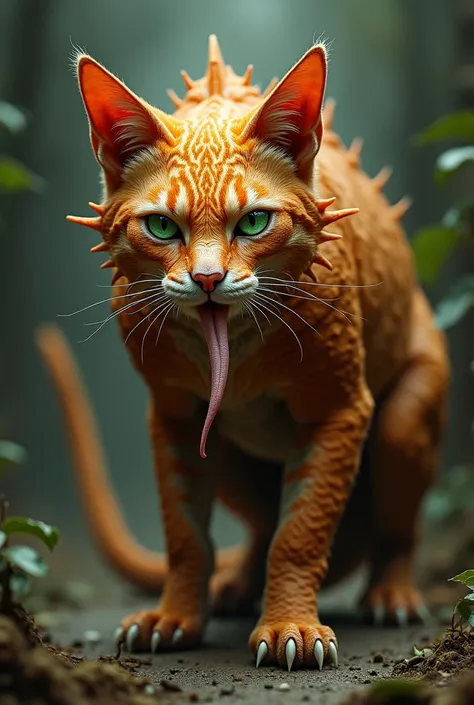 Orange cat monster with a long tongue and green eyes and scales