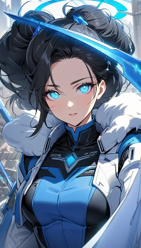 1 Beautiful woman, Long flowing black hair, black hair, hair is up in pinned up bun, long fluffy bun, blue eyes, beautiful, high quality, sword with blue blade, Gray scapula, 30 years old, blue crystals in background, bright blue Halo above her head, glowi...