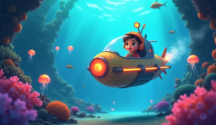    A lively underwater scene with a child explorer in a futuristic, colorful submarine, surrounded by vibrant coral reefs, glowing jellyfish, and schools of fish racing by. The submarine has a magical gadget glowing on the control panel.
   3d animation ca...