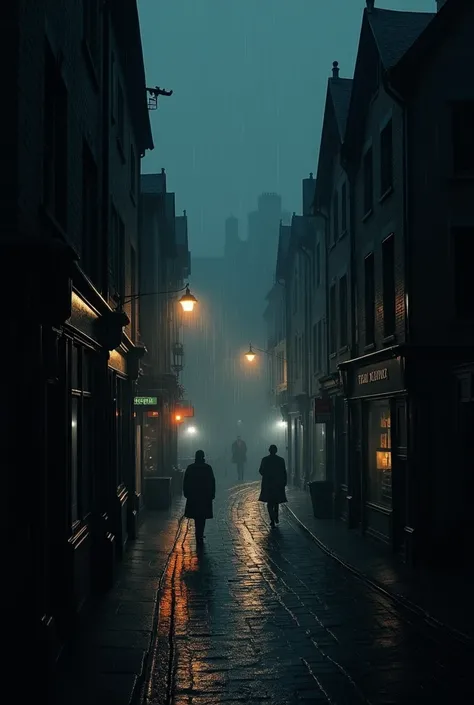 Make a street in England, at night, raining a lot, cold and melancholic