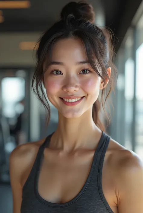 ultra-detailed, realistic, one young and beautiful Japanese woman, post-workout sweat, fatigued yet cheerful smile, fashionable workout clothes, gym, exercise machines in the background