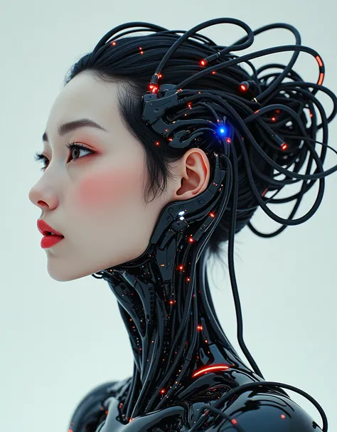 A hyper-realistic and ultra-high-definition illustration of a Japanese female android. The face should be human-like, beautiful, and delicate, resembling a young Japanese woman with soft, natural makeup and expressive eyes. The rest of her body, including ...