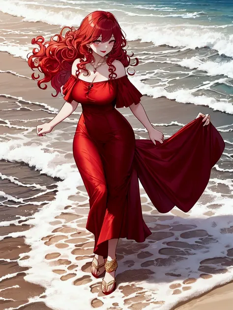 High resolution, Forshortening, precise, Best quality, 2 woman with bright eyes, A slight smile, Red lips, curly hair, My hair is shaking, golden hair, Wearing a red dress, walking on the beach. A woman walking on the beach, with sand and sea water.