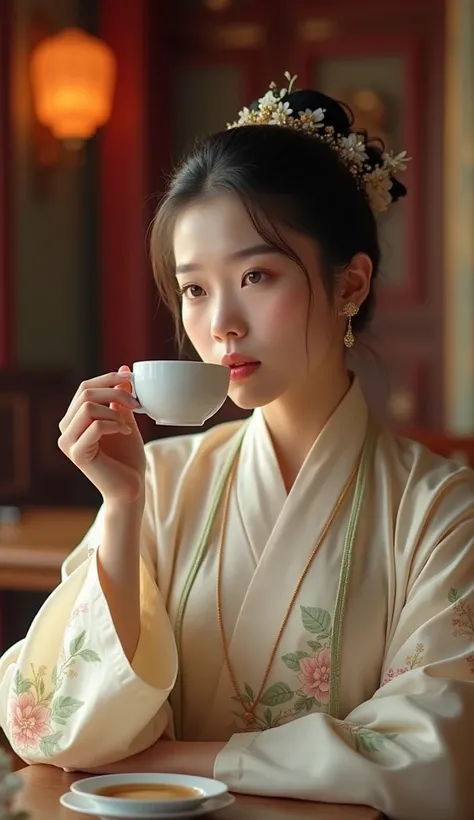 Close-up of a woman sitting at a table drinking coffee, palace ， Girl in Hanfu, A young woman like Genghis Khan, Beautiful oriental woman, Chinese women, Chinese Girl, Chinese Princess, an Asian Woman, a young Asian Woman, ancient Chinese Princess, Asian W...