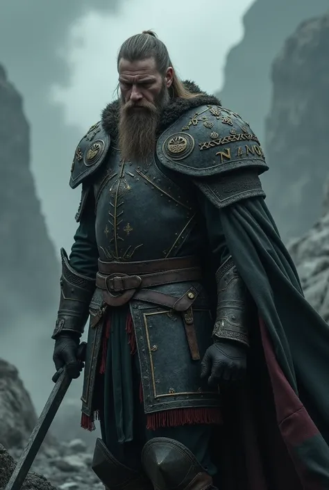 Darck fantasia,viking in knight armor with nordic runes of cape



