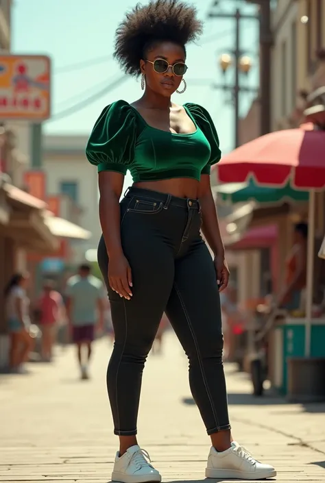 A curvaceous Black woman wearing a snug, emerald green velvet crop top with puff sleeves, paired with high-waisted black skinny jeans and white sneakers. Her hair is styled in a high afro puff. The setting is a lively urban boardwalk with street performers...