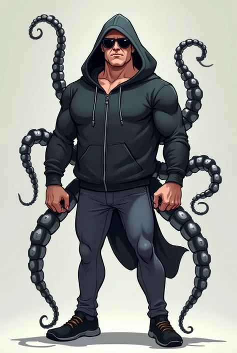 Mr Octopus as human cartoon image, 4 metal tantacle in the back, metal tantacle finger, marvel, superhero, black hoodie, black sunglases, standing straight forward