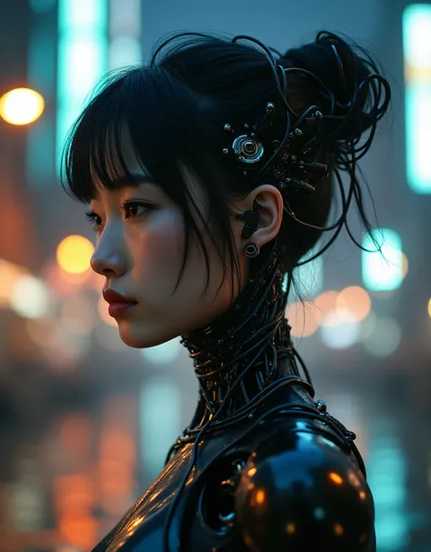 A hyper-realistic, ultra-high-definition portrait of a Japanese female android at night, with a lifelike appearance as if she were a real person. Her face should be human-like, beautiful, and delicate, resembling a young Japanese woman with soft, natural m...