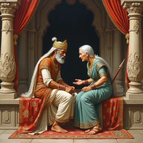 The prithvi raj chauhan hold a bhala and near her old mother both are talking and both sit on bed in fort