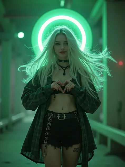 goth girl, ((very long white hair in air by blow wind effect)), green nymb in air over her  head,  goth-shoes, open checkered shirt, round , ((gesting heart by arms)l, (blink one eye, smiled), chains on belt, (string), (tattoo on knee), ((location arthouse...