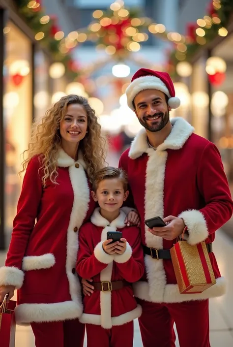 Beautiful woman,handsome guy,and  boy,all dressed in a classic Santa Claus outfit, complete with a red suit, fluffy white trim, and Santa hat, joyfully walking while holding Red and gold shopping bags in one hand and a smartphone in the other. Her long, cu...