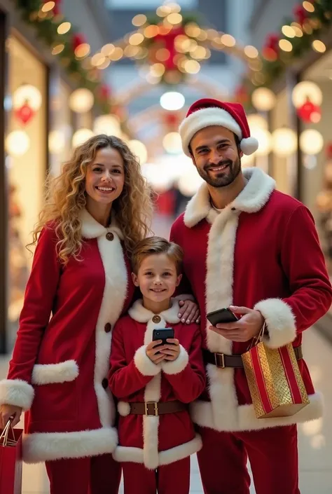 Beautiful woman,handsome guy,and  boy,all dressed in a classic Santa Claus outfit, complete with a red suit, fluffy white trim, and Santa hat, joyfully walking while holding Red and gold shopping bags in one hand and a smartphone in the other. Her long, cu...