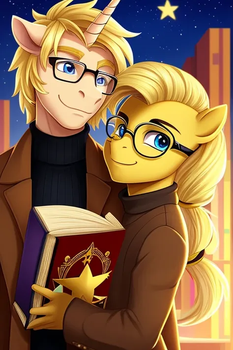 (masterpiece), best quality, expressive eyes, perfect face, stallion, unicorn, (gold yellow skin), handsome, ((brown coat)), (black turtleneck), (glasses), smiling, loving, blonde mane in pony tail, mlp, mlp oc, blue eyes, tall, (((1boy))), blonde tail, ((...