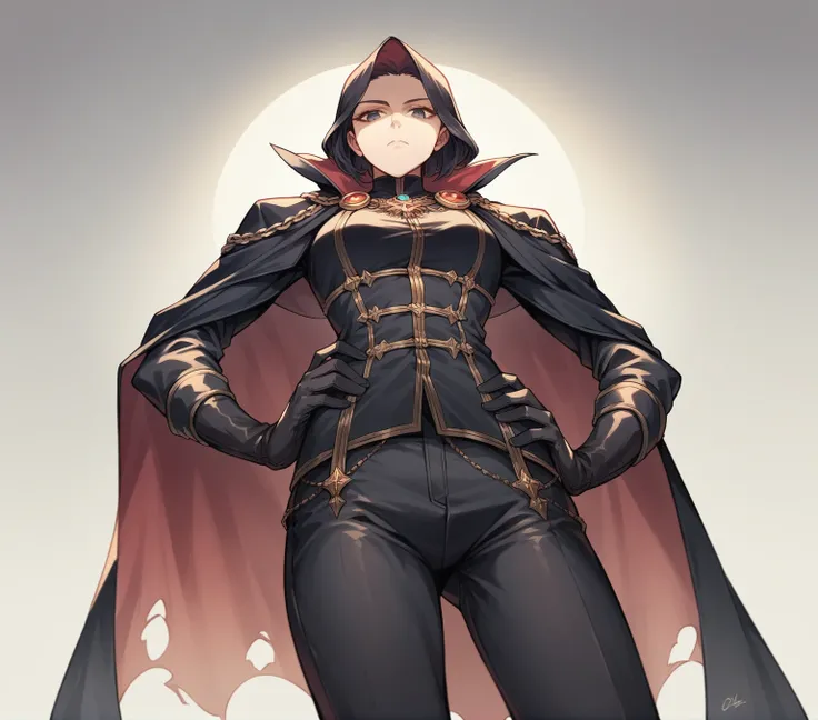 (masterpiece, best quality:1.2), from below, solo, 1girl, ozen, expressionless, closed mouth, looking at viewer, hands on hips, black jacket, cape, black pants, black gloves