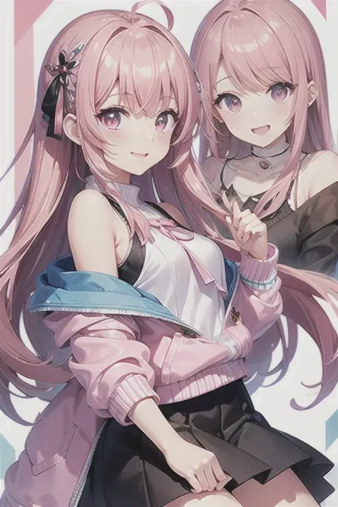 anime、masterpiece、high quality、His idol、Vibrant colors、smile、Engineer de Vtuber、jururu room、woman、Brunette、Pink Eyes、Full White、Off-the-shoulder sweater、Sleeveless、Black skirt pink jacket、shoulder、Long Hair、Pink Hair