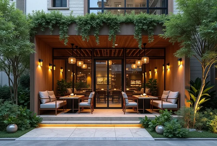 Exterior design for a cafe located in a townhouse, Harmonious combination between the architectural style of the house and the space of the restaurant. Use natural materials like wood, stones, and glass for an intimate yet modern feel. The exterior of the ...