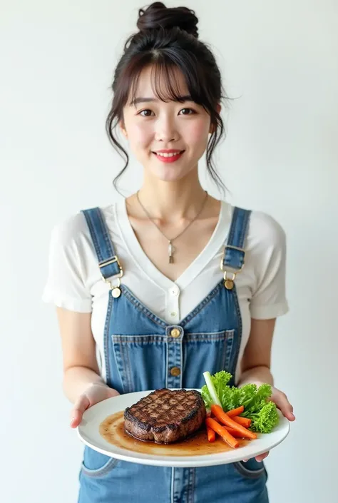 The picture shows a fair-skinned Korean woman posing confidently in a stylish all-denim outfit. She wears denim overalls, her style is sharp, revealing a modern and sophisticated feel. Her hair is styled in a center bun to emphasize her elegant facial feat...