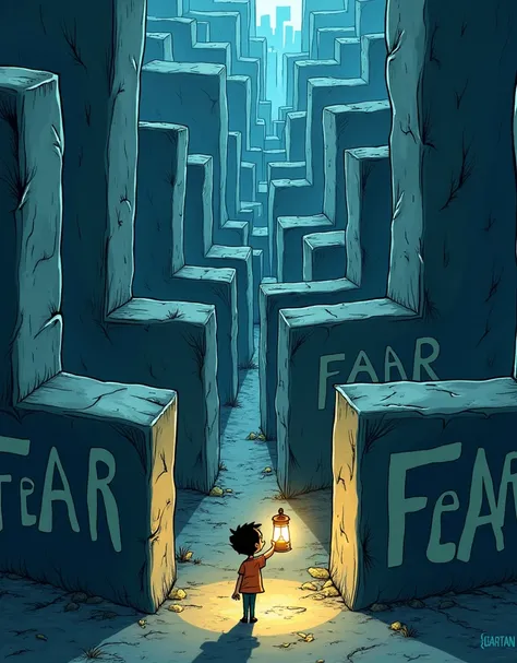 "The Maze of Doubt" Design a cartoon where a person stands at the entrance of a gigantic, twisted maze, with towering walls labeled Doubt and Fear. The character, small and anxious, holds a tiny lantern barely lighting the way ahead. Inside the maze, show ...