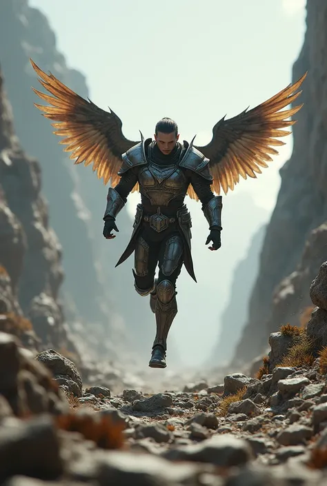 (photorealism:9.16), A swift, agile warrior in light armor, with wings on their feet, moving rapidly across a rocky landscape, symbolizing speed and communication. High definition, best image quality