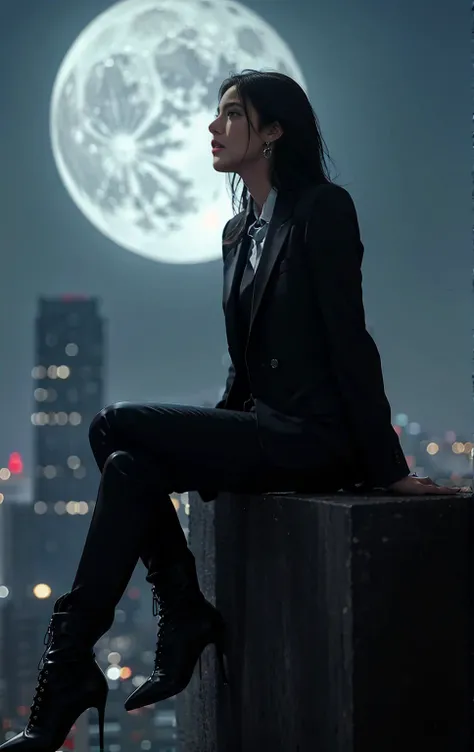 1girl, Alone, long_hair, black_hair, original, sitting, jewelry, jacket, boots, earrings, necktie, sky, pants, black_footwear, high_heels, blurry, lips, from_side, night, depth_of_field, moon, blurry_background, formal, crossed_Legs, suit, building, night_...