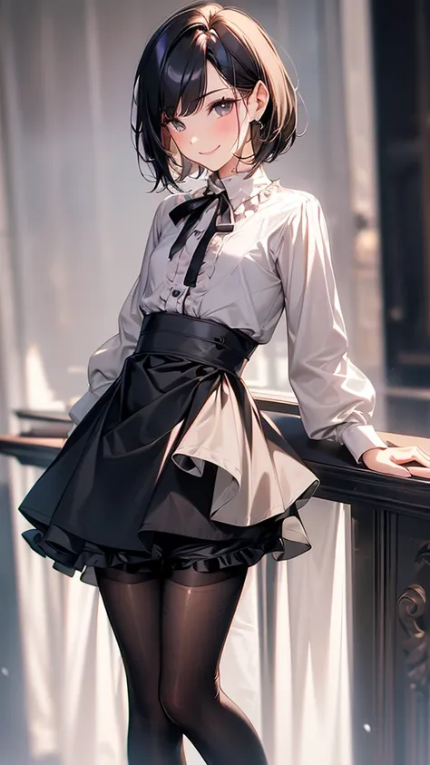 Best Quality, 1boy,Androgynous male,(Flat Chest:1.3),Black Hair,Short Bob Cut,(Ruffled blouse),Lace long sleeves,Ribbon on neck,Culottes skirt,mini skirt,Big ribbon on the waist,Vertical striped tights,Smiling Kindly,wind,smile,Portraits, Quiet cafe,autumn...