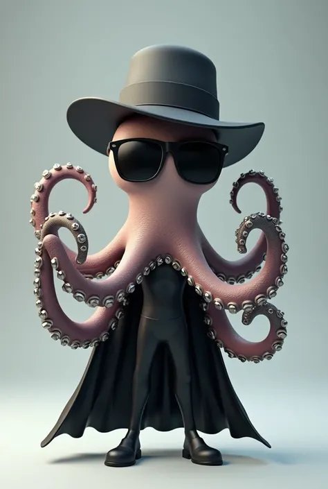 Mr Octopus as human cartoon image, 4 metal tantacle in the back with clip fingger, marvel, superhero, black cape,black hat, black sunglases, standing straight forward