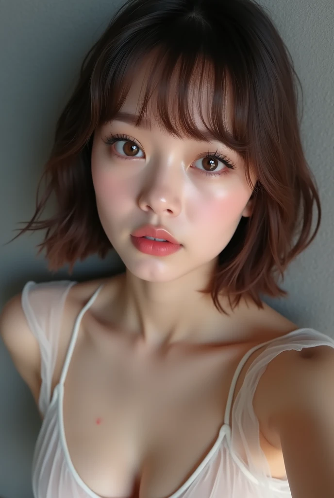 (((Photorealistic))), Masterpiece, Transparent Tulle, Nipples are visible, baby face, short bob cut with bangs, Sitting flat, Detailed eyes, Detailed double eyelids, Natural makeup, pink lips, Glay background, clear skin, Pale skin, Detailed depiction of p...