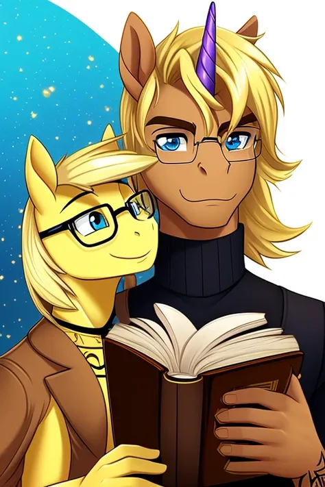 (masterpiece), best quality, expressive eyes, perfect face, stallion, unicorn, pony (gold yellow skin), handsome, ((brown coat)), (black turtleneck), (glasses), smiling, loving, blonde mane in pony tail, mlp, mlp oc, blue eyes, tall, (((1boy))), blonde tai...