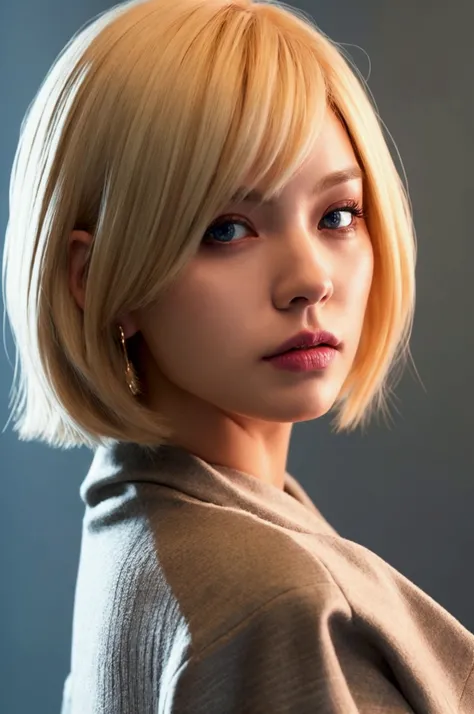 A woman blond hair power bob style, ชุ2ํนิ้ว but she is a real person. 