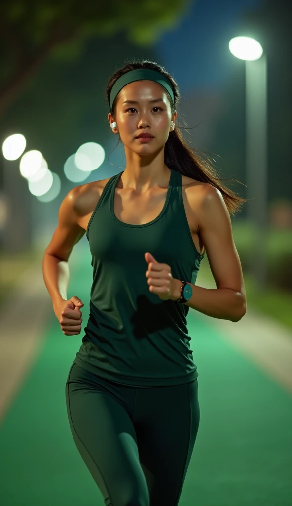 highly detailed,portray，close-up,Face shot,front face，front body,full body,(film grain),cinematic lighting,Portrait,DSLR,1 girl,pretty face，like korea girl，fair skin，long hair,single ponytail,wearing Bluetooth earbuds，As night falls and the citys hustle an...