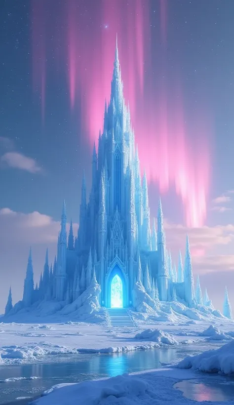 A gigantic ice palace towering over a vast ice field. Under the shining starry sky, the palace is illuminated by pure white light, and its walls and towers are made of transparent, delicate ice sculptures. Delicate ice crystals hang from the palaces towers...