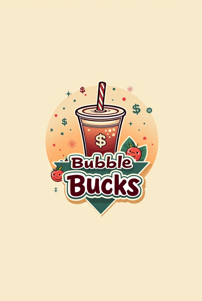 Design a logo for Bubble Bucks featuring a playful font, vibrant colors, a bubble tea cup with bubbles, and a dollar sign integrated subtly. The layout should prioritize readability and incorporate fun elements like a straw and decorative bubbles."