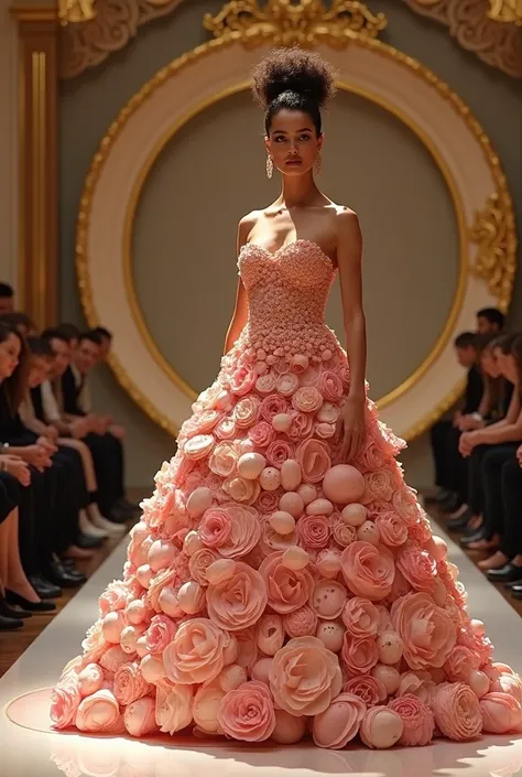 ultra-realistic, 8K, dress made entirely of real delicious cakes , gelatinous texture, intricate details, fashion show catwalk, attendees, celebrated restaurant chefs, ornate plates, opulent lighting, haute couture inspiration, food stylist props, lifelike...