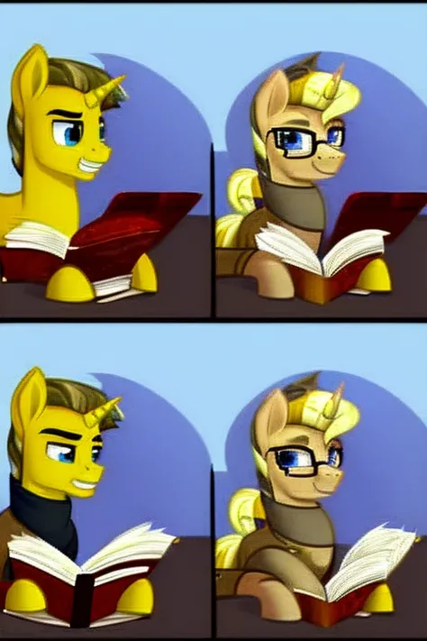 (masterpiece), best quality, expressive eyes, perfect face, stallion, unicorn, pony (gold yellow skin), handsome, ((brown coat)), (black turtleneck), (glasses), smiling, loving, blonde mane in pony tail, mlp, mlp oc, blue eyes, tall, (((1boy))), blonde tai...