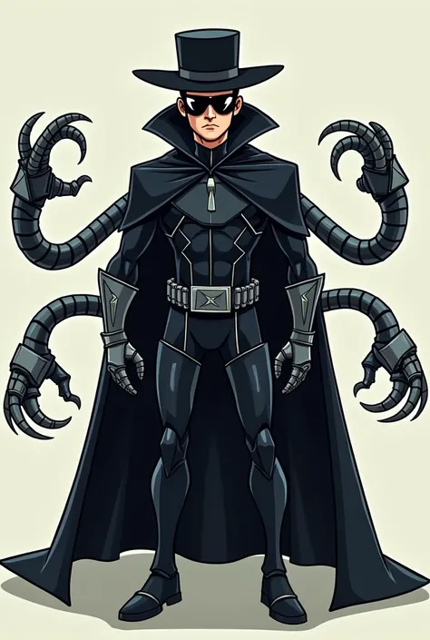 human cartoon image, 4 metal tantacle in the back with clip 4 fingger, marvel, superhero, black cape,black hat,circle black sunglases, standing straight forward