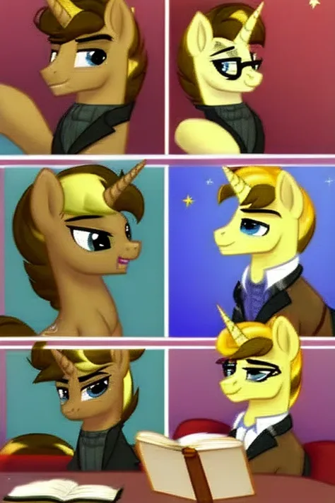 (masterpiece), best quality, expressive eyes, perfect face, stallion, unicorn, pony, (gold yellow skin), handsome, ((brown coat)), (black turtleneck), (glasses), smiling, loving, blonde mane in pony tail, mlp, mlp oc, blue eyes, tall, (((1boy))), blonde ta...