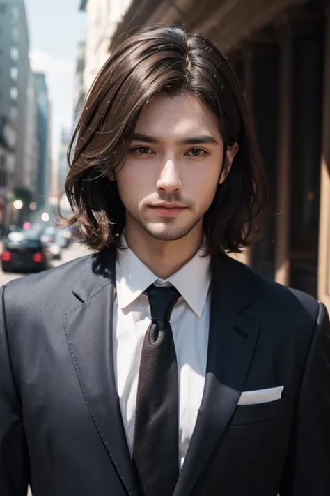 、Brown haired boy、beard、Wearing a suit and tie、A photo in which the body and head are in line, Face the photo towards the viewer, The eye is fixed on the lens, In the photo you can see the shoulders and head, The man in the center of the picture, 8k, Best ...