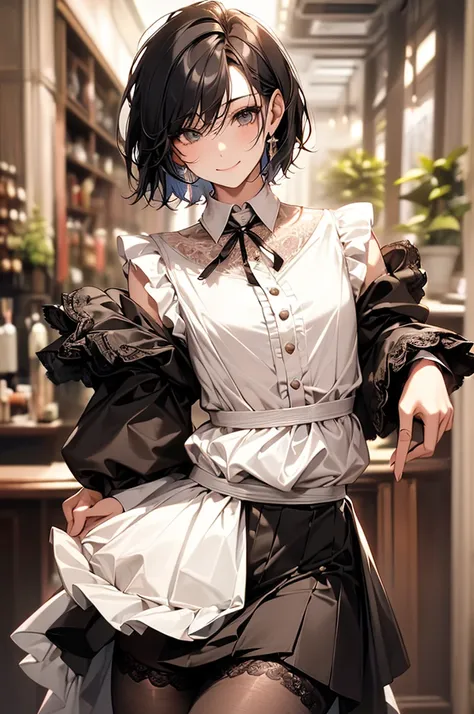 Best Quality, 1boy,Androgynous male,(Flat Chest:1.3),Black Hair,Short Bob Cut,(Ruffled blouse),Lace long sleeves,Lace ribbon at neck,Culottes skirt,mini skirt,(Beautiful lace ribbon at the waist),Vertical striped tights,Smiling Kindly,wind,smile,Portraits,...