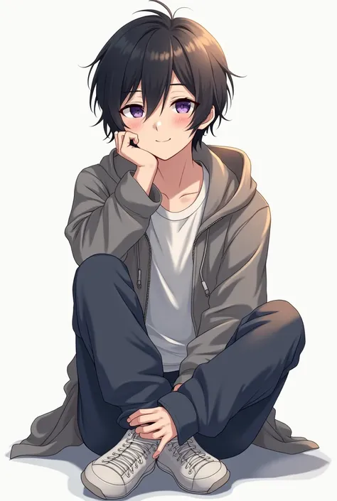 Anime teens boy with a black hair with a short straitght hair png with a jacket and long pants sit up