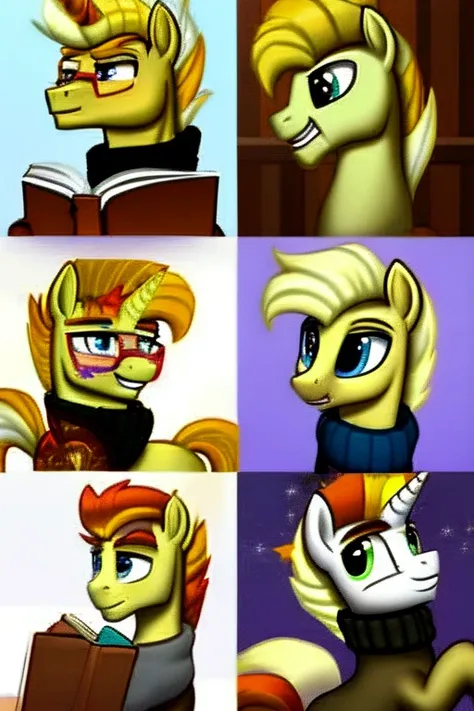 (masterpiece), best quality, expressive eyes, perfect face, stallion, unicorn, pony, (gold yellow skin), handsome, ((brown coat)), (black turtleneck), (glasses), smiling, loving, blonde mane in pony tail, mlp, mlp oc, blue eyes, tall, (((1boy))), blonde ta...