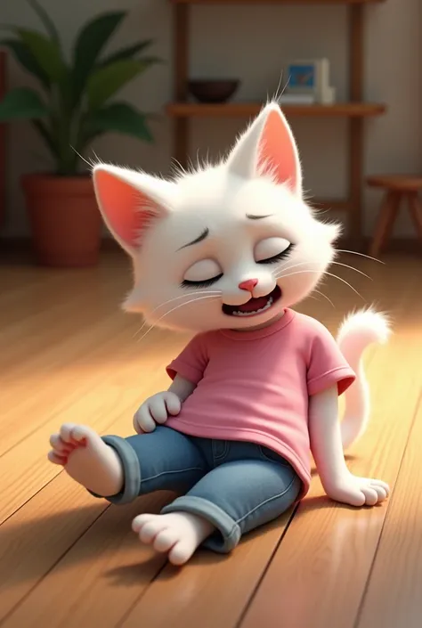 Animated white ai   cat wearing pink t-shirt and blue jeans she slipped on a wood floor
 and crying when her  leg is broken lie on the floor 