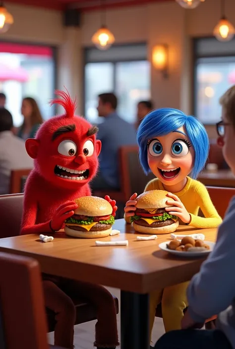 Inside out Anger and joy eating burgers in restaurants