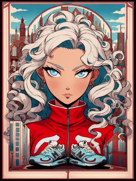 Drawing by Butcher Billy, Art Nouveau style portrait of Skylina as she traverses the city streets. Her silver-white, slightly curly hair flows gracefully. Her turquoise blue eyes are captivating. Shes adorned in New Balance clothing and black and red Nike ...