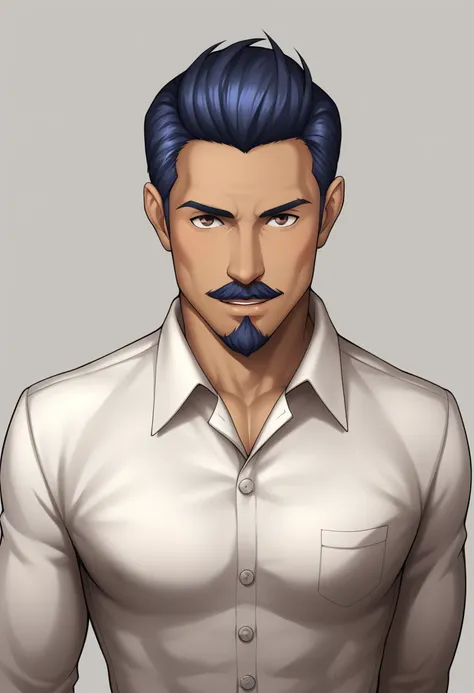 a muscular man, middle-aged, 56 y.o, quiff hairstyle, dark blue hair, dark blue mustache, dark blue beard, beige blouse, dark br...