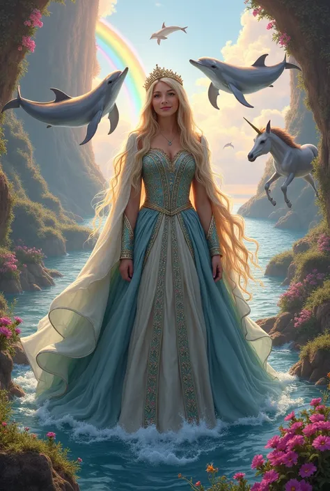 Hannah Montana dressed as a medieval princess amidst many dolphins, rainbows and unicorns